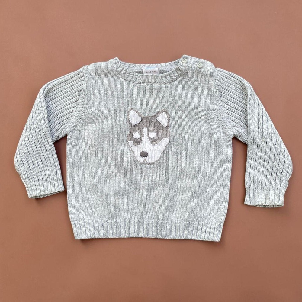 Gymboree 2008 Gray Husky Puppy Dog Cotton Knit Sweater 18-24M